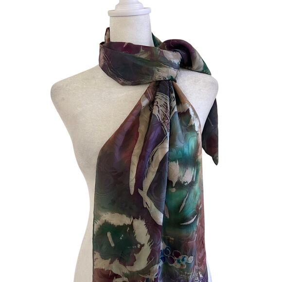 Abstract Watercolor Silk Scarf Vintage Sheer Jewel Tone Painterly Classic Artsy - Picture 6 of 8
